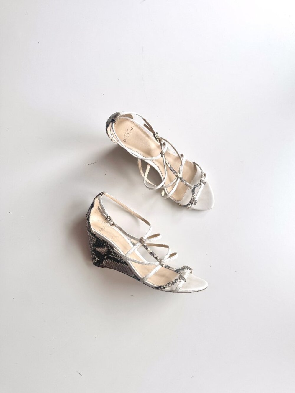ALEXANDRE BIRMAN Mallica White Snake Leather Strappy Cage Wedge Sandals, Size 40